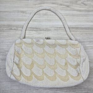 Vintage 50s Ed B Robinson Beaded Purse Clutch Handmade Belgium Cream Bridal